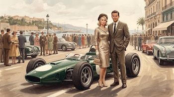 Ilustración de Margot Robbie y Bradley Cooper en atuendos de los 60, junto a un coche verde de F1 clásico, con el puerto de Mónaco y gente al fondo.