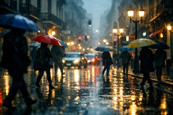 Siluetas de personas con paraguas de colores bajo lluvia intensa en una calle mojada con faroles, vehículos y luces de semáforos.