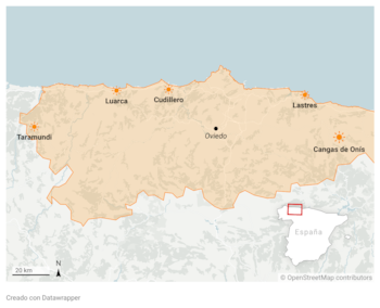 Los cincos municipios asturianos donde se podrá ver el eclipse solar total. / Datawrapper