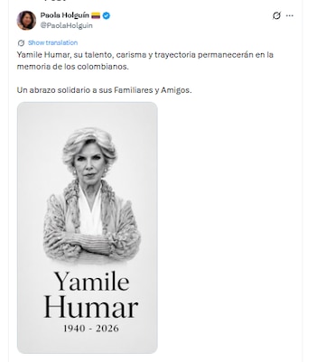 Mensaje de Paola Holguín en homenaje a Yamile Humar - crédito @PaolaHolguin/X