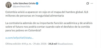 Julio Sánchez Cristo citó datos de HungerMap para alertar sobre 6,6 millones de colombianos en riesgo de hambre - crédito @jsanchezcristo/X
