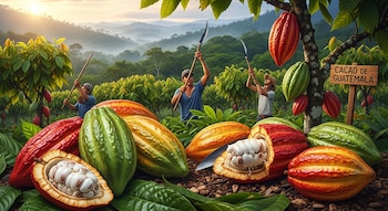 Vainas de cacao rojas, verdes y amarillas, algunas abiertas con granos blancos. Tres agricultores cosechan en un campo de cacao con montañas al fondo.