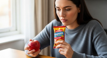 Primer plano de una mujer sosteniendo una manzana roja en una mano y un paquete de snack ultraprocesado Rapons en la otra.