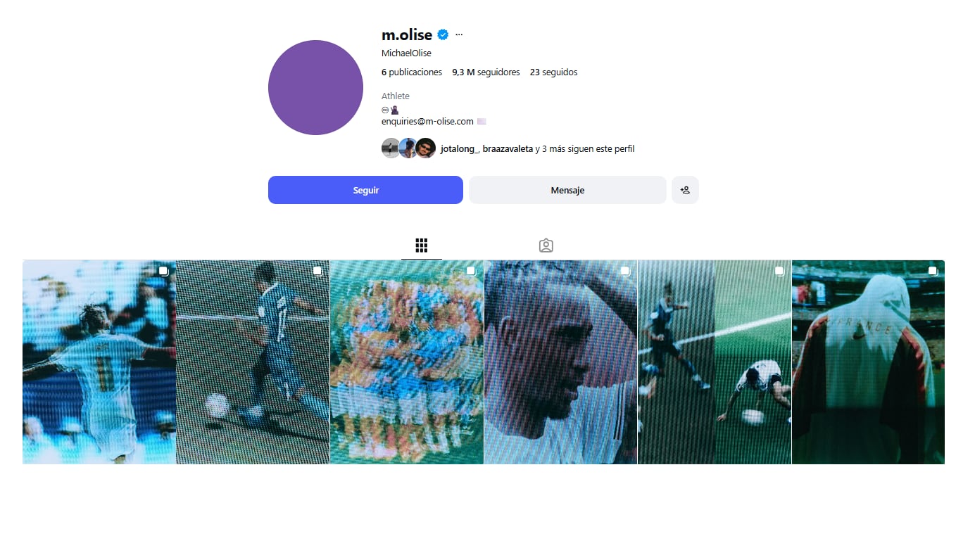 Michael Olise tiene 8,3 millones de seguidores en Instagram, sigue a 23 cuentas y publicó exactamente cinco imágenes, todas sin texto y con una estética de colores quemados y líneas de interferencia