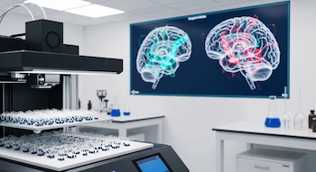 Una impresora 3D en primer plano fabrica sensores cerebrales flexibles en bandejas dentro de un laboratorio. Al fondo, una pantalla muestra dos modelos 3D de cerebros.