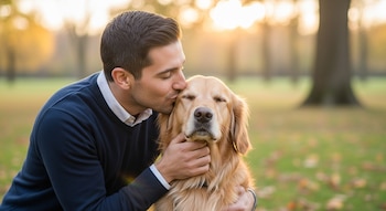 Un hombre de cabello oscuro con suéter azul besa a un perro golden retriever con los ojos cerrados en un parque. La luz del sol ilumina la escena desde atrás.