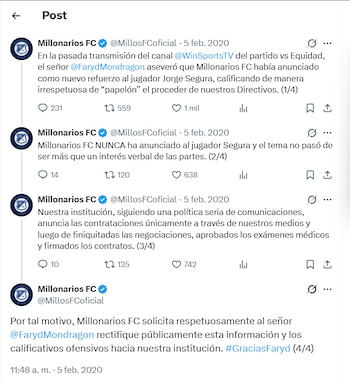Post de Millonarios en 2020 reclamando a Faryd Mondragón por sus comentarios - crédito Millonarios - crédito X