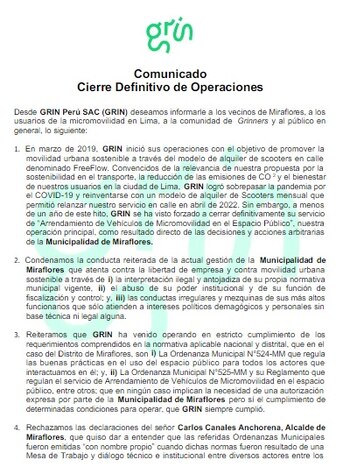 Comunicado de Grin Perú
