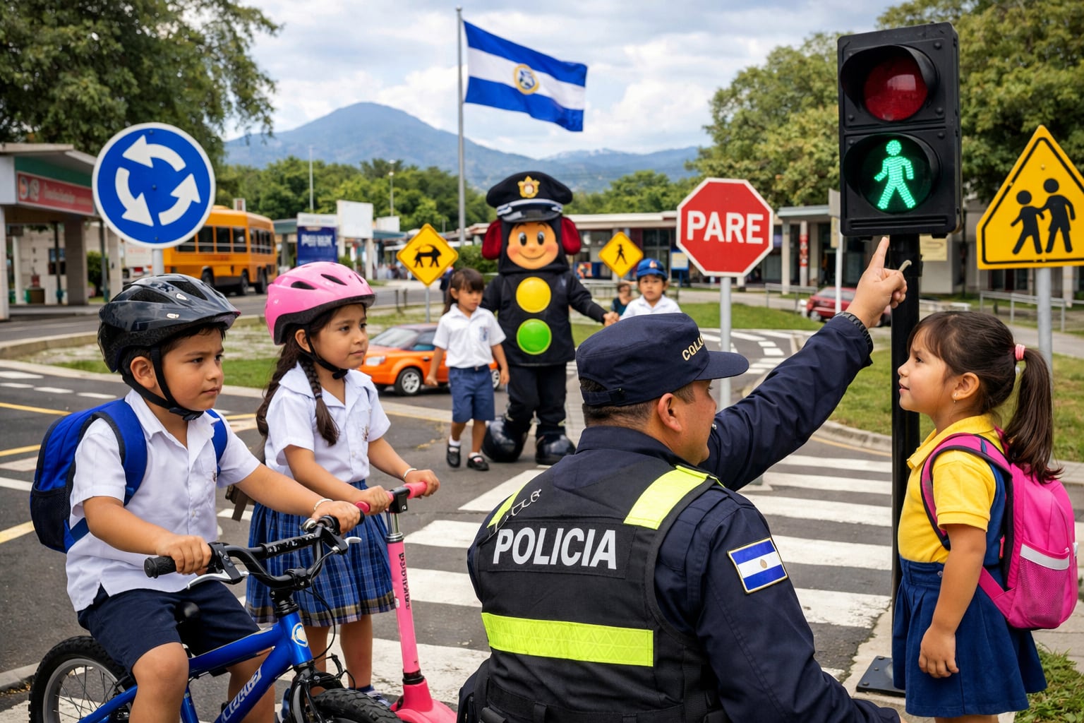 Un policía y una mascota enseñan cultura vial a niños con bicicletas y scooters en una pista de educación vial en El Salvador, fomentando la seguridad desde temprana edad. (Imagen Ilustrativa Infobae)