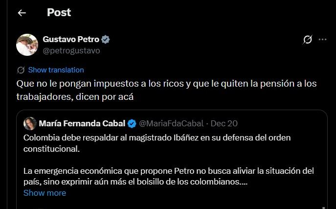 Gustavo Petro contestó a María Fernanda Cabal en un breve mensaje - crédito @petrogustavo