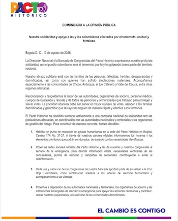 El Pacto Histórico anunció que su sede en Bogotá funcionará como centro de acopio para recibir donaciones para los damnificados del terremoto. - crédito X