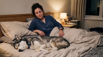Una mujer con pijama azul permanece acostada en una cama iluminada por una lámpara junto a un perro husky dormido sobre la cobija.