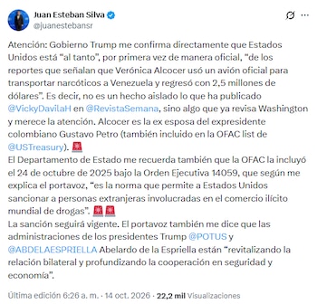 Fuentes de la Casa Blanca señalaron que Washington conoce los reportes de Eva Ferrer sobre las actividades de la ex primera dama de Colombia - crédito @juanestebansr/X