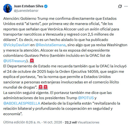 Fuentes de la Casa Blanca señalaron que Washington conoce los reportes de Eva Ferrer sobre las actividades de la ex primera dama de Colombia - crédito @juanestebansr/X