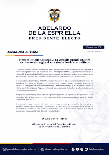 Abelardo de la Espriella aseguró que el trabajo con alcaldes huilenses tendrá el respaldo del Gobierno nacional para cumplir con proyectos - crédito Defensores de la Patria