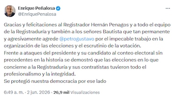 Enrique Peñalosa elogió la labor del registrador y defendió la integridad del proceso electoral - crédito @EnriquePenalosa/X