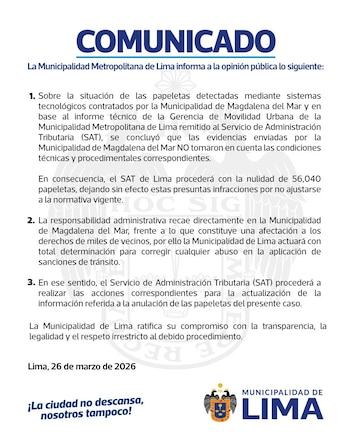 Lima deja sin efecto más de 56 mil multas de tránsito por fallas en su aplicación en Magdalena. (Foto: FB/@MML)