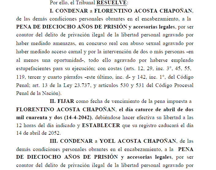 Fragmento de la condena a los Acosta Chapoñan