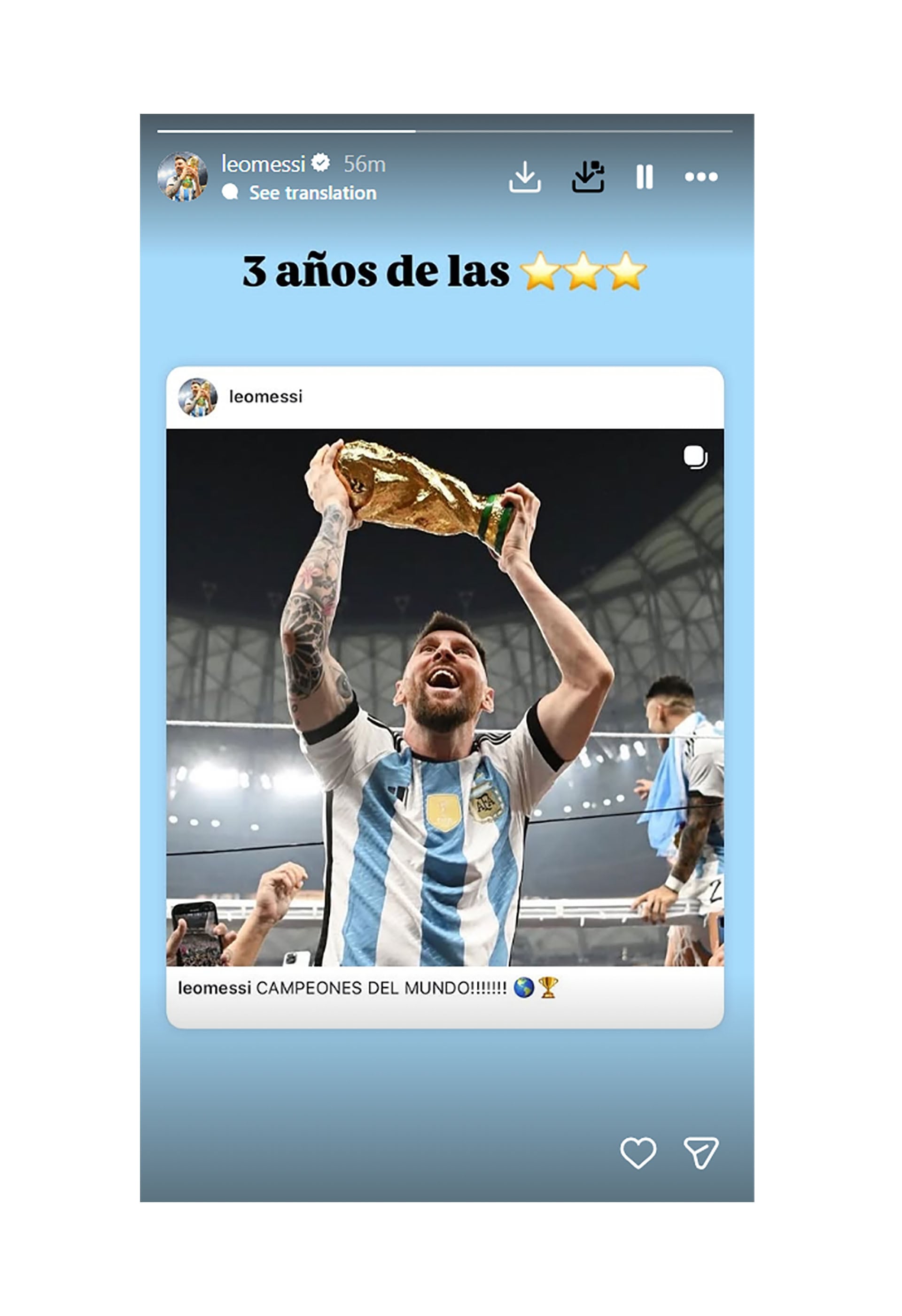 El posteo de Lionel Messi para recordar el tercer aniversario del título en Qatar 2022 (Instagram @leomessi)