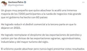 Mensaje en el que Petro defendió los resultados de su gobierno en comercio exterior y los comparó con administraciones anteriores. - crédito @petrogustavo/X