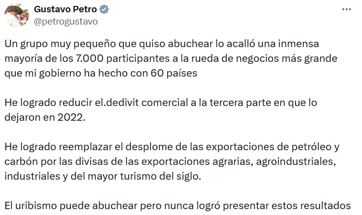 Mensaje en el que Petro defendió los resultados de su gobierno en comercio exterior y los comparó con administraciones anteriores. - crédito @petrogustavo/X