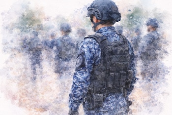 Un funcionario del Inpec con uniforme de camuflaje azul y chaleco táctico aparece de espaldas - crédito