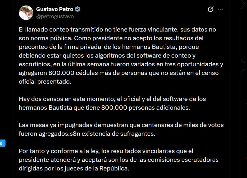 Gustavo Petro afirmó que en Colombia existen dos censos: el oficial y el del “software de los hermanos Bautista”, el cual, según las declaraciones de Petro, registra 800.000 personas adicionales - crédito @petrogustavo/X