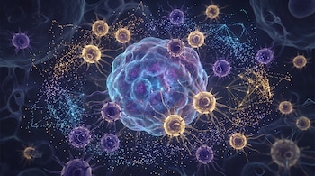 Un tumor central rodeado por células con prolongaciones y miles de puntos luminosos conectados por líneas que simulan una red en tonos azules, violetas y dorados.