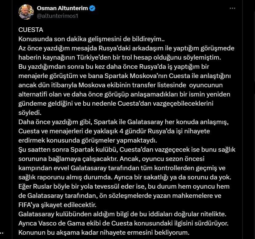 Carlos Cuesta se quedó con el deseo de jugar en el Spartak de Moscú por un cambio en las condiciones de la negociación - crédito @altunterimos1/X
