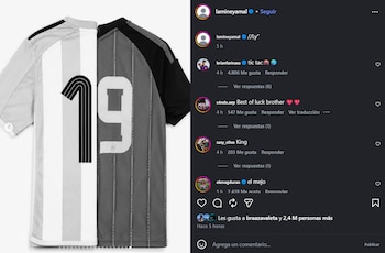 Lamine Yamal publicó en Instagram una imagen con la camiseta de Messi en Alemania 2006 y la suya para el Mundial 2026, ambas con el dorsal 19