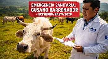 Hombre con bata blanca del MAGA Guatemala y una vaca con moscas en un pastizal. El texto indica "Emergencia Sanitaria: Gusano Barrenador - Extendida hasta 2028".