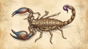 Ilustración de escorpión con cuerpo marrón, pinzas azul y rojo, y aguijón violeta. Fondo de pergamino con bocetos botánicos y rosa de los vientos.