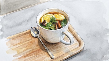 Imagen de acuarela: Taza blanca con infusión, rodajas de limón, menta, canela y anís estrellado, sobre una bandeja de madera y una cuchara plateada.