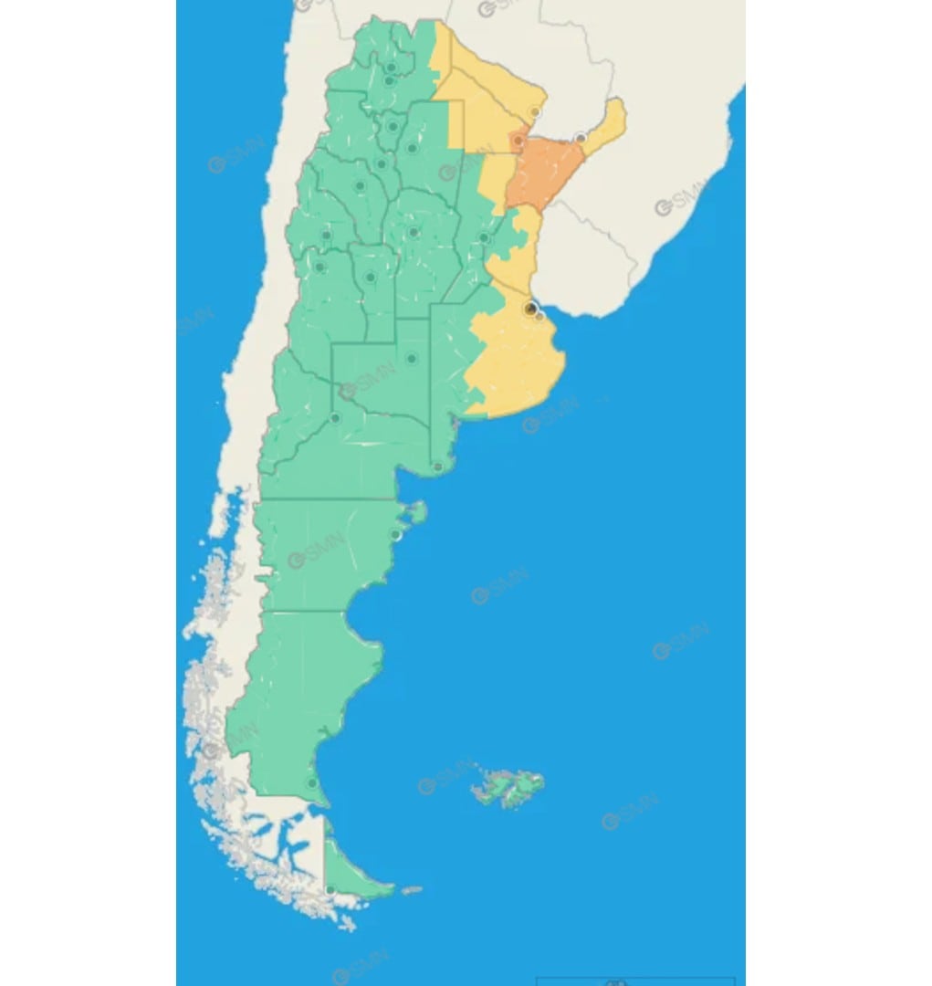 El Servicio Meteorológico Nacional emitió una serie de alertas meteorológicas par este martes, mostrando zonas con diferentes niveles de advertencia