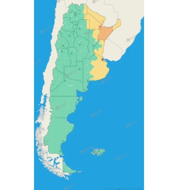 Mapa da Argentina mostrando alertas meteorológicos por cor: verde para nenhum risco, amarelo para cautela e laranja para risco nordeste