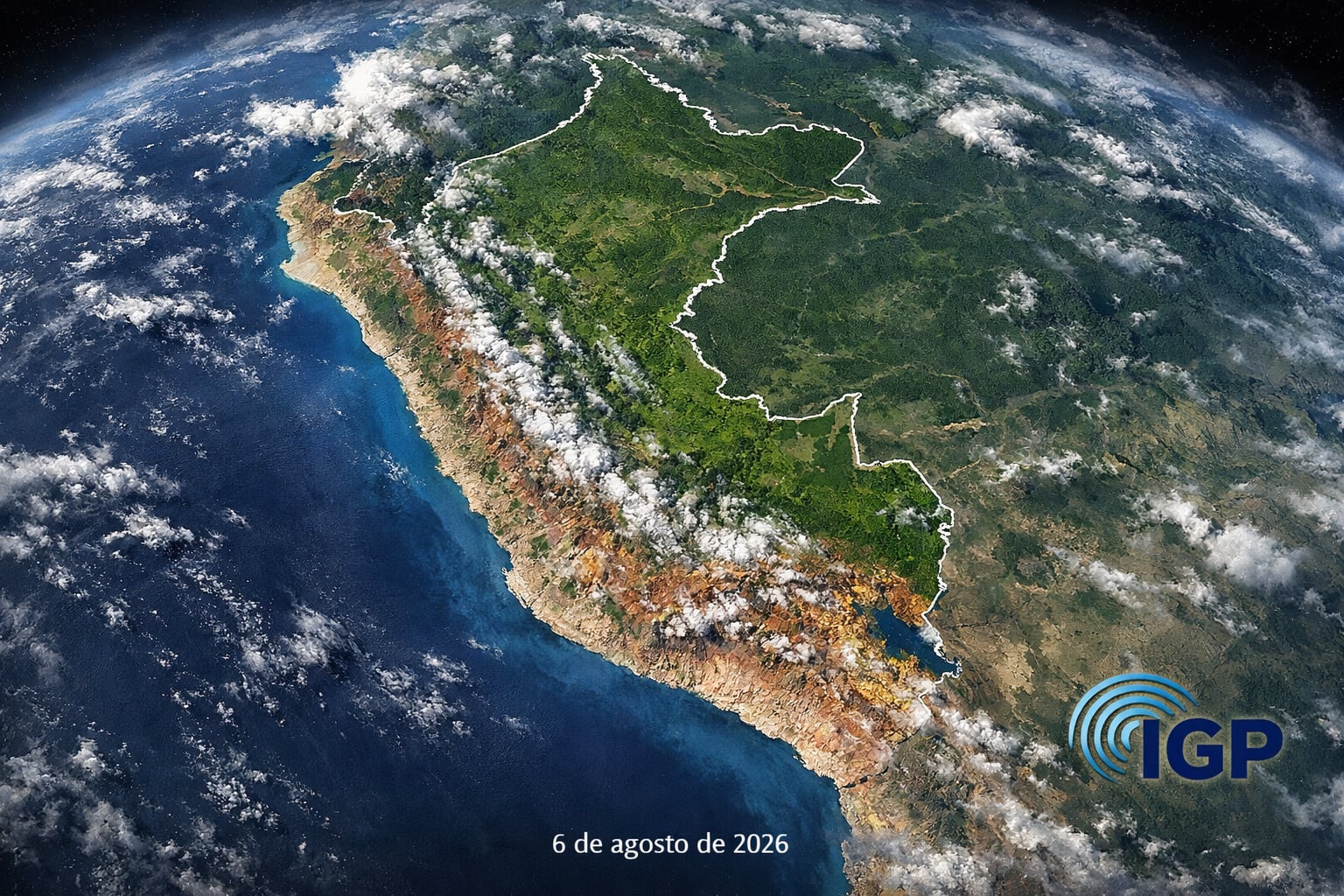 Una fotografía satelital del Perú muestra su geografía costera, andina y amazónica, con el logo del IGP y la fecha 6 de agosto de 2026. (Imagen Ilustrativa Infobae)