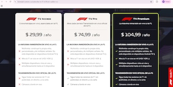 Tres columnas con las opciones de suscripción a F1 TV, sus precios anuales en dólares y el desglose de sus características