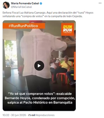 La senadora María Fernanda Cabal pidió a la Fiscalía investigar el video de Bernardo Hoyos, donde se menciona la supuesta compra de votos en la campaña de Iván Cepeda. - crédito @MariaFdaCabal/X