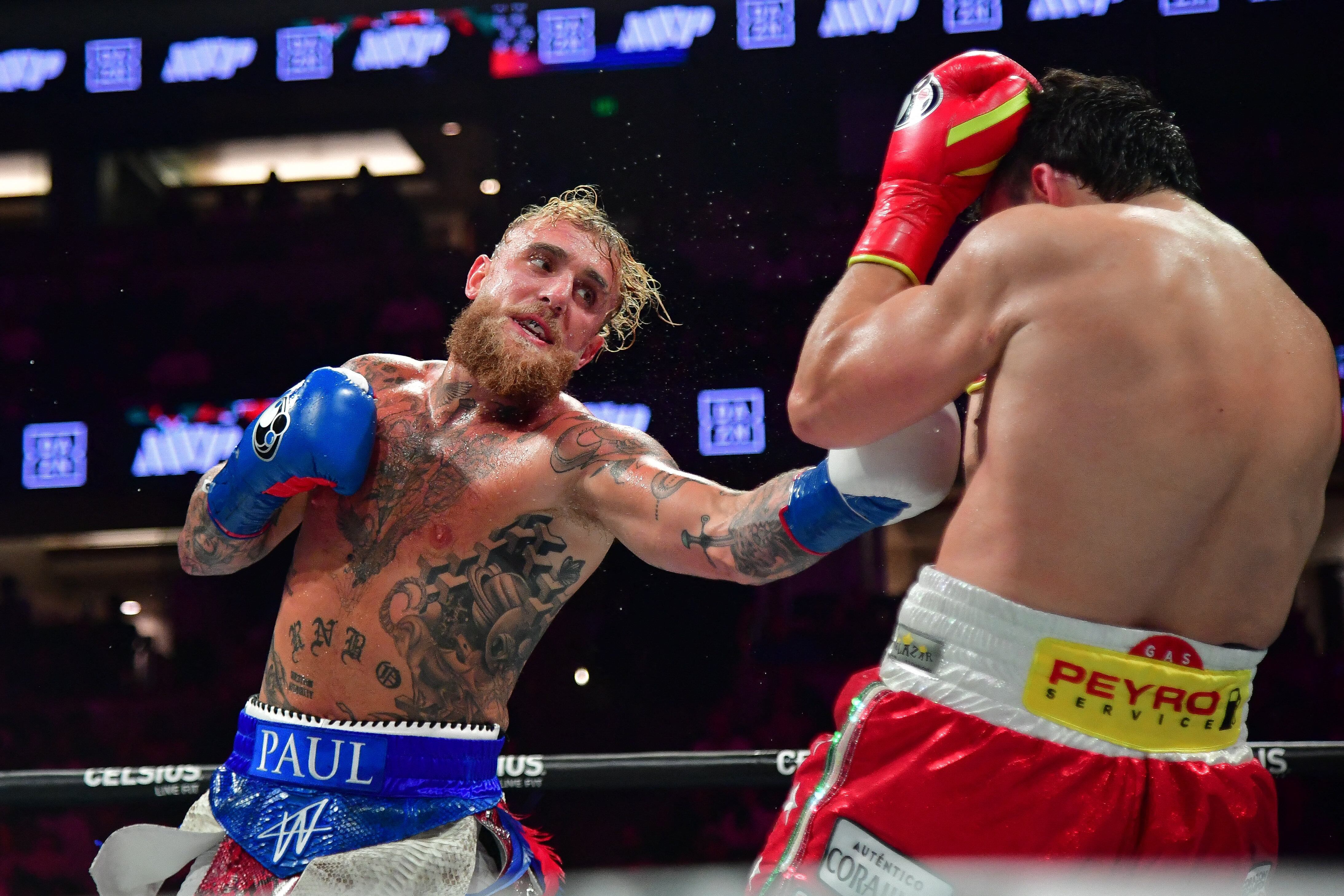 Jun 28, 2025; Anaheim, California, USA; Jake Paul fights against Julio Cesar Chavez Jr. at Honda Center. Mandatory Credit: Gary A. Vasquez-Imagn Images