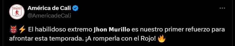 América de Cali presentó a Jhon Murillo como su primer fichaje para el segundo semestre de 2025 - crédito América de Cali