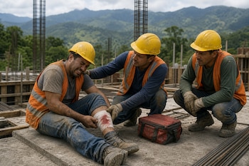 Tres constructores con casco amarillo y chaleco reflectante, uno sentado con un vendaje con sangre en la pierna junto a un botiquín.