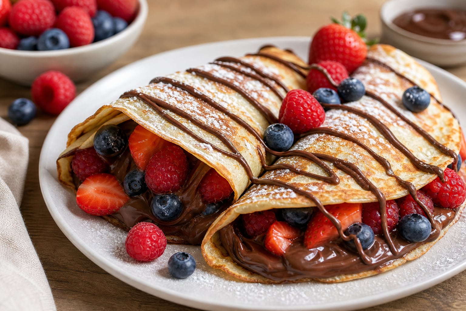 Dos crepas servidas con crema de chocolate y frutos rojos ilustran la preparación de un postre casero. (Imagen Ilustrativa Infobae)