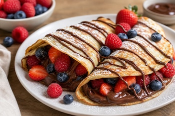 Dos crepas sobre un plato blanco con crema de chocolate, fresas, frambuesas, arándanos y azúcar en polvo.