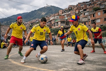 Grupo de personas con camisetas de la selección Colombia jugando fútbol en una cancha de cemento. Al fondo, un barrio de Bogotá con casas en la ladera de una montaña.