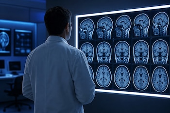 Vista posterior de un profesional en bata blanca ante un panel iluminado con quince resonancias magnéticas cerebrales en una sala azul.