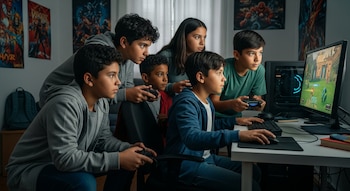 Cinco niños latinos, concentrados, juegan un videojuego en un computador de escritorio. Algunos usan mandos, mientras uno maneja el teclado y el ratón.