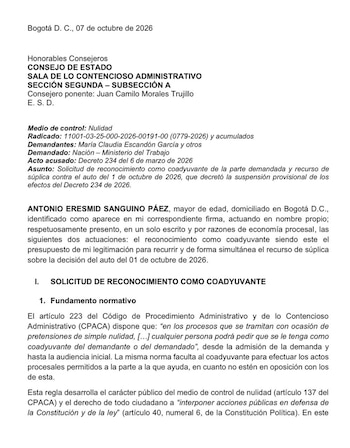 Sanguino interpuso una coadyuvancia y un recurso de súplica contra la suspensión provisional del Decreto 234 del 6 de marzo de 2026, que estableció un modelo de negociación colectiva por niveles para trabajadores del sector privado y trabajadores oficiales - crédito @AntonioSanguino/X