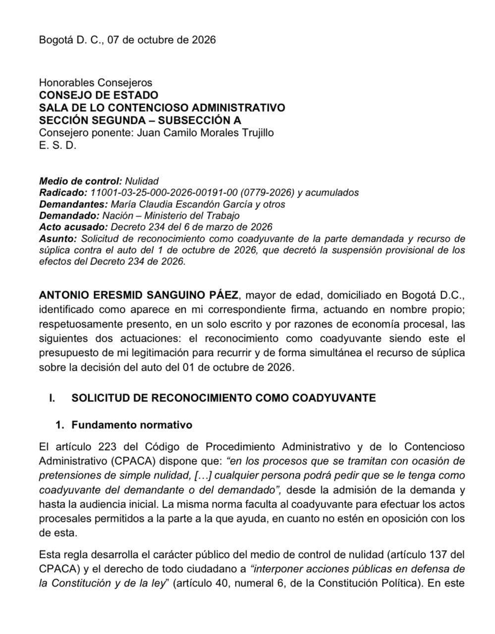 Sanguino interpuso una coadyuvancia y un recurso de súplica contra la suspensión provisional del Decreto 234 del 6 de marzo de 2026, que estableció un modelo de negociación colectiva por niveles para trabajadores del sector privado y trabajadores oficiales - crédito @AntonioSanguino/X
