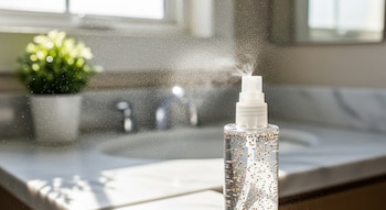 Primer plano de una botella transparente de tónico facial con semillas de chía en agua, rociando una fina bruma. Fondo de un baño con luz natural, lavabo y planta.