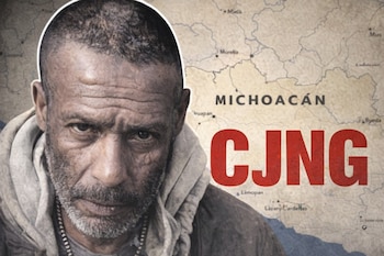 Primer plano de un hombre con barba corta y expresión seria. Al fondo, un mapa de Michoacán y las siglas CJNG en letras rojas.